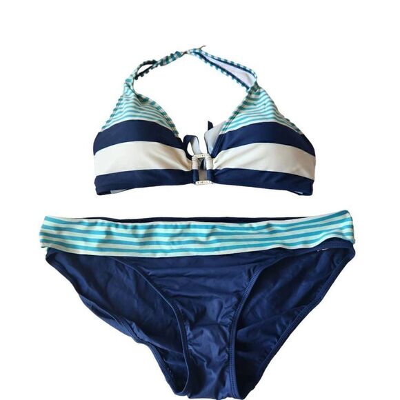 Lauren Ralph Lauren Striped Logo Ring Halter Bikini Size L - Picture 1 of 5